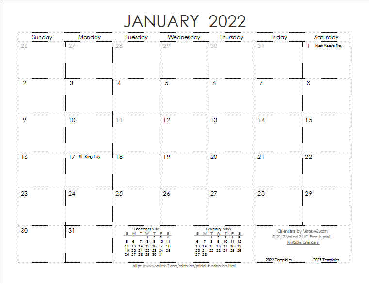 Printable 2022 Calendar Monthly