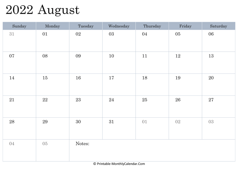 Calendar August 2022 Printable