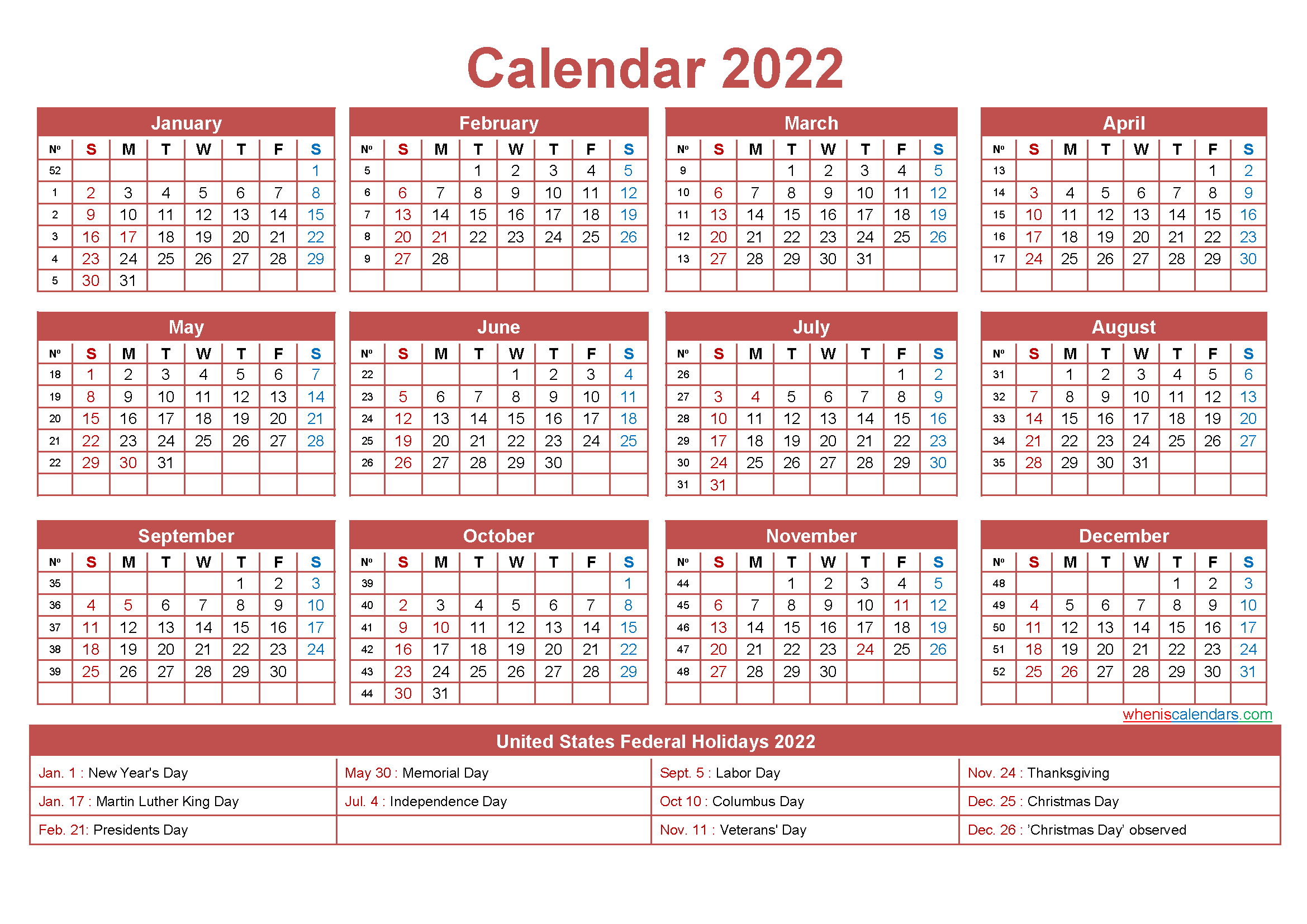 2022 Free Printable Calendars With Holidays