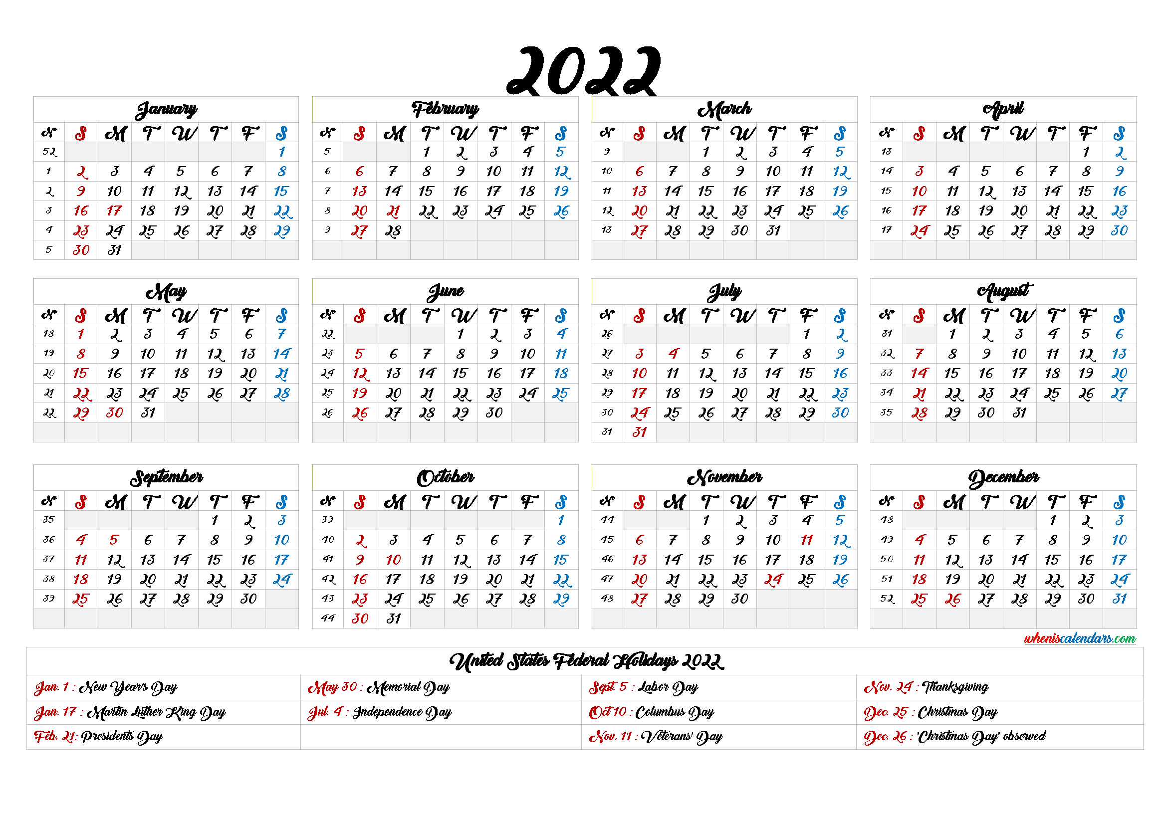 Free 2022 Calendar Printable