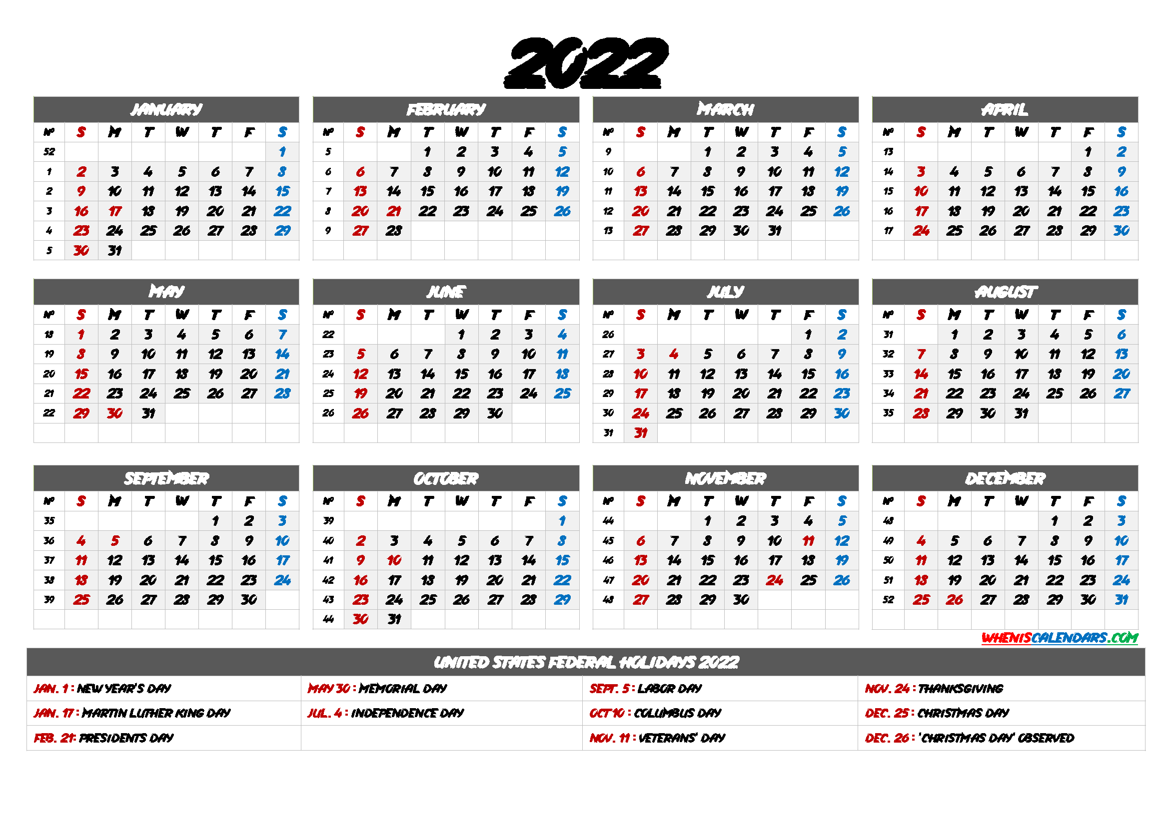 Free Printable Calendars 2022