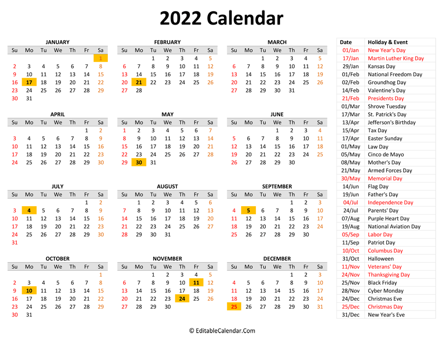 2022 Printable Calendar Yearly