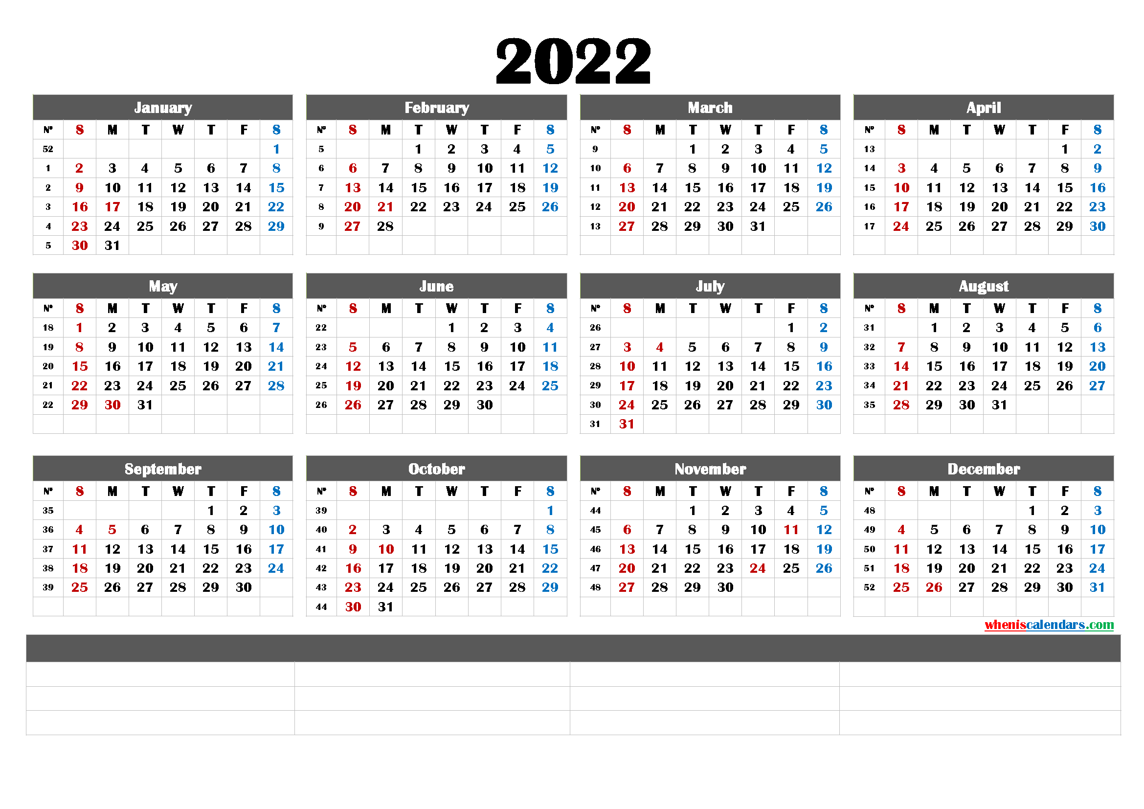 A4 Printable Calendar 2022