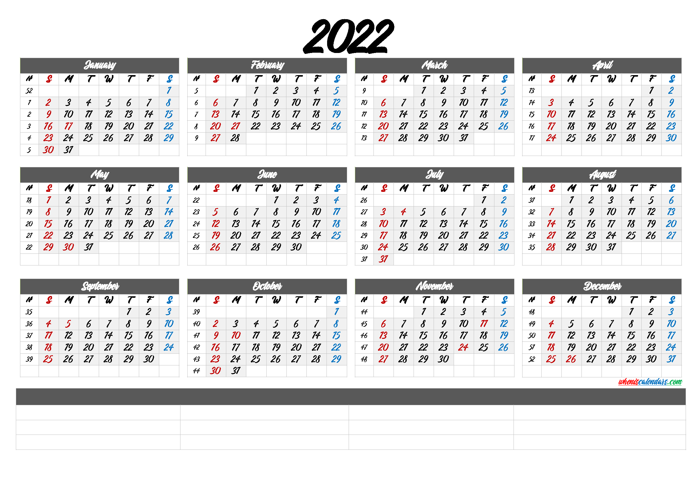 2022 Calendar Printable Template