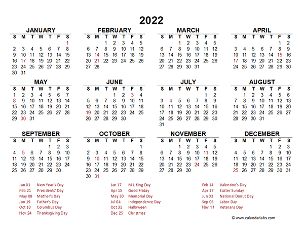 2022 Free Printable Calendar Template