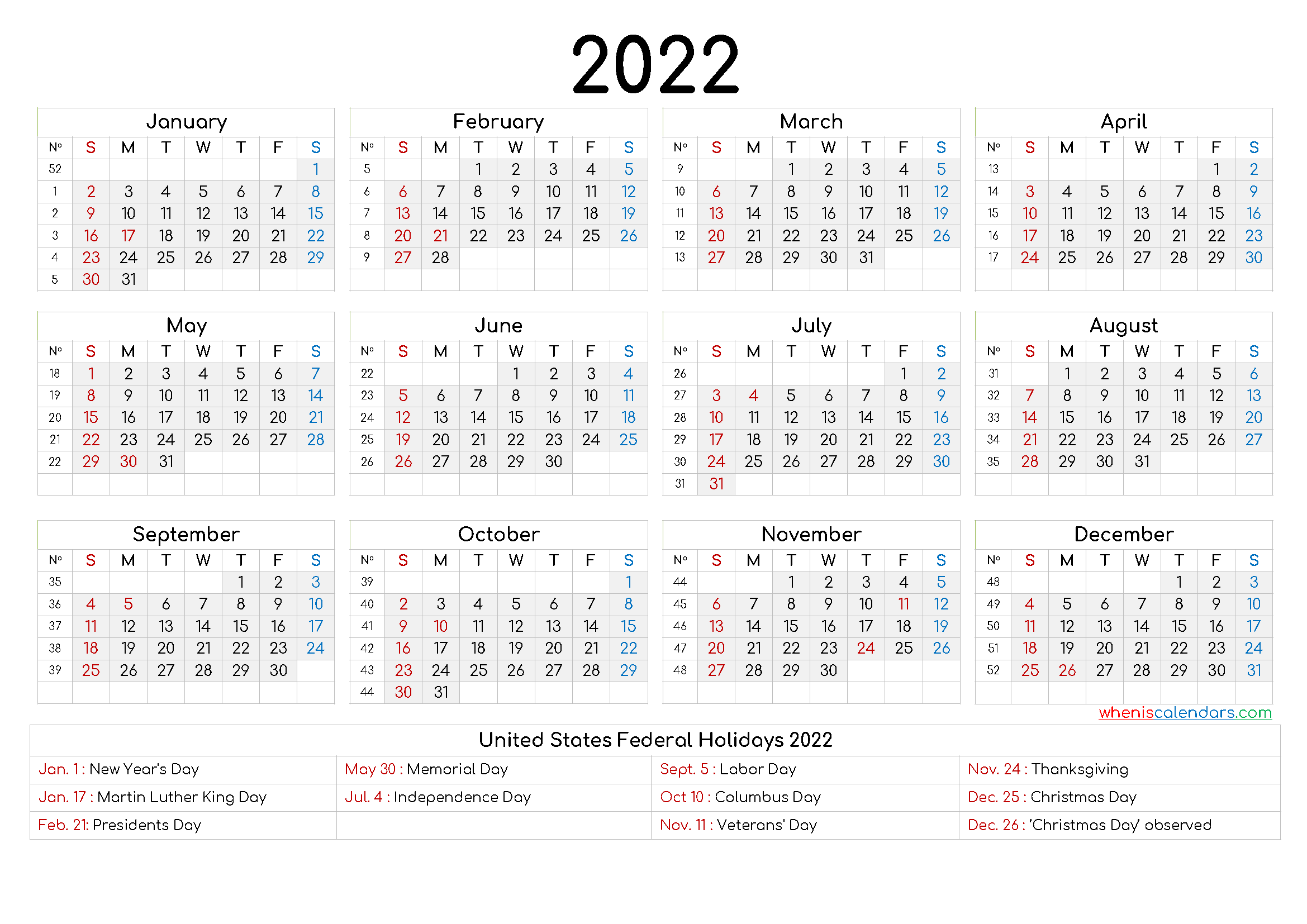 Printable Calendar 2022 Yearly