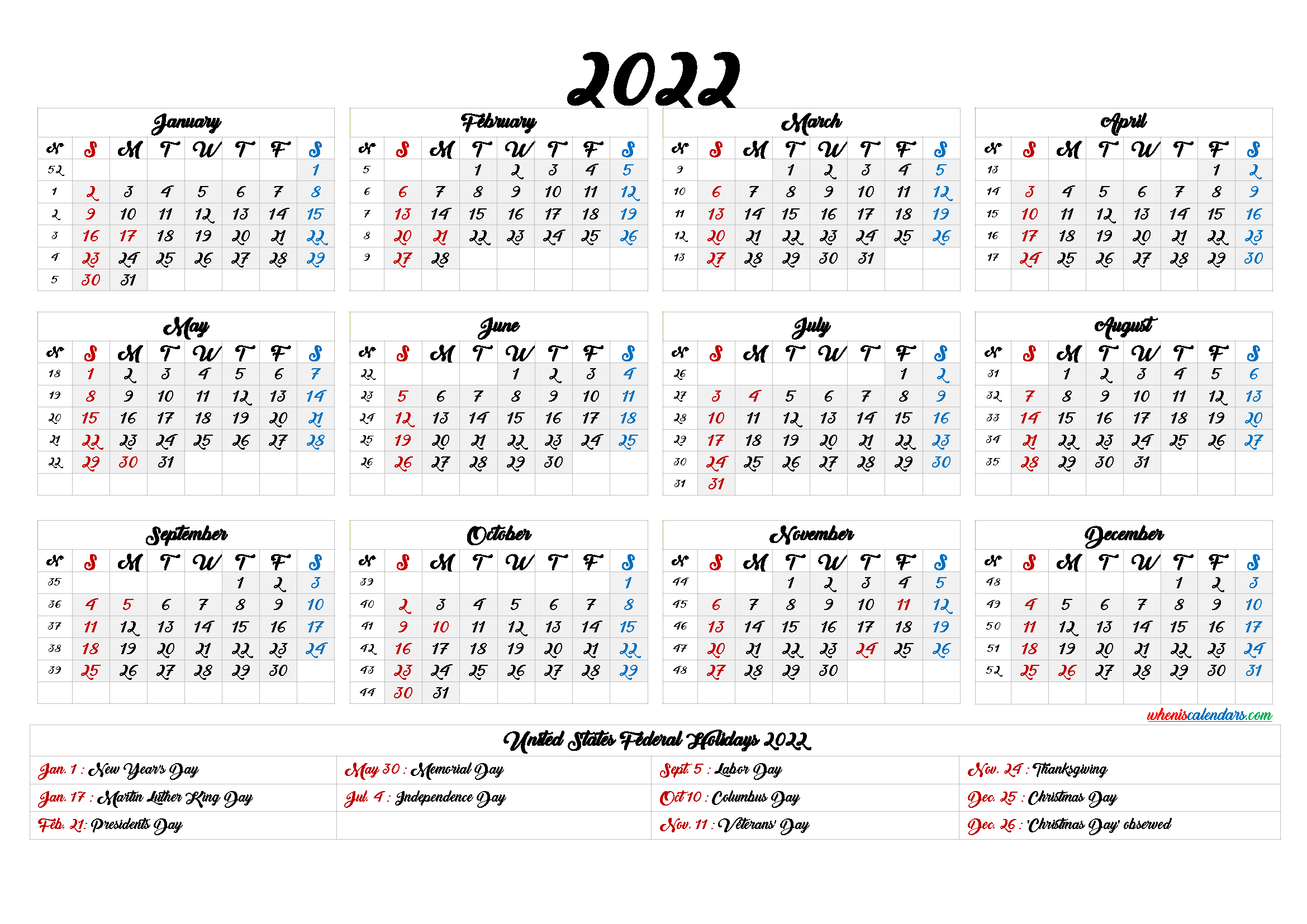 Free Printable 2022 Calendar With Week Numbers