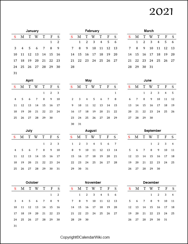 Printable 2021 Calendar By Month