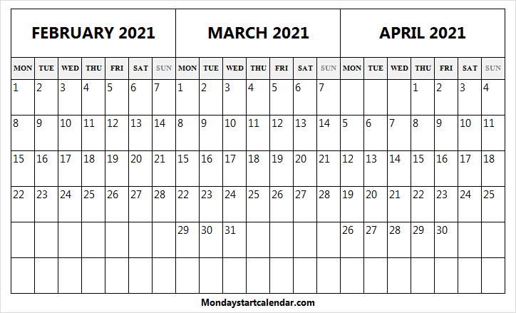 Printable Calendar 2021 Monday Start