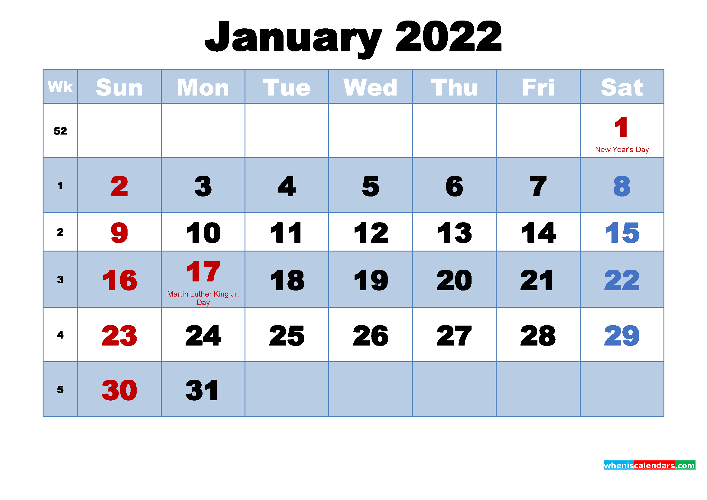 Free Printable January 2022 Printable Calendar