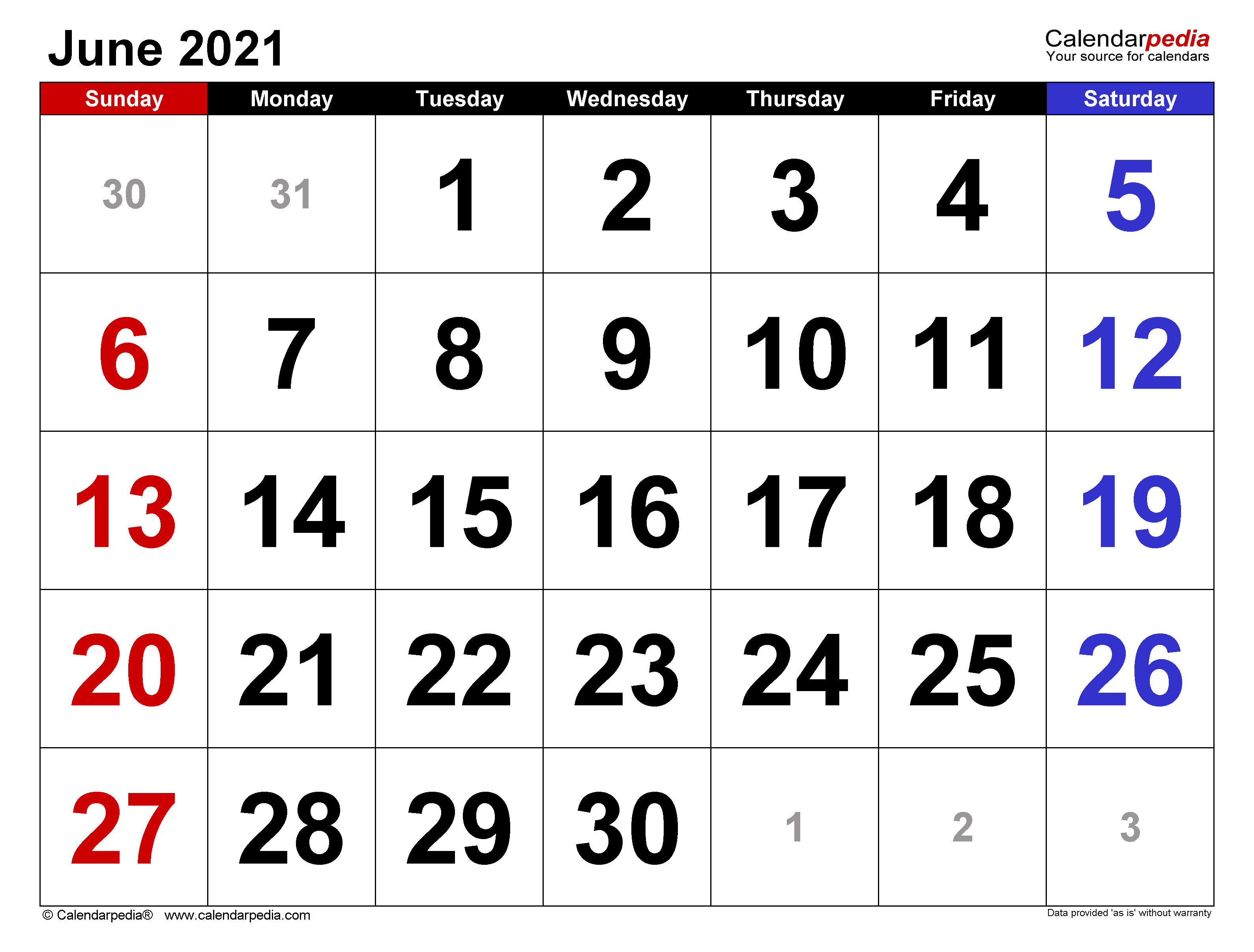 2021 June Calendar Printable Free