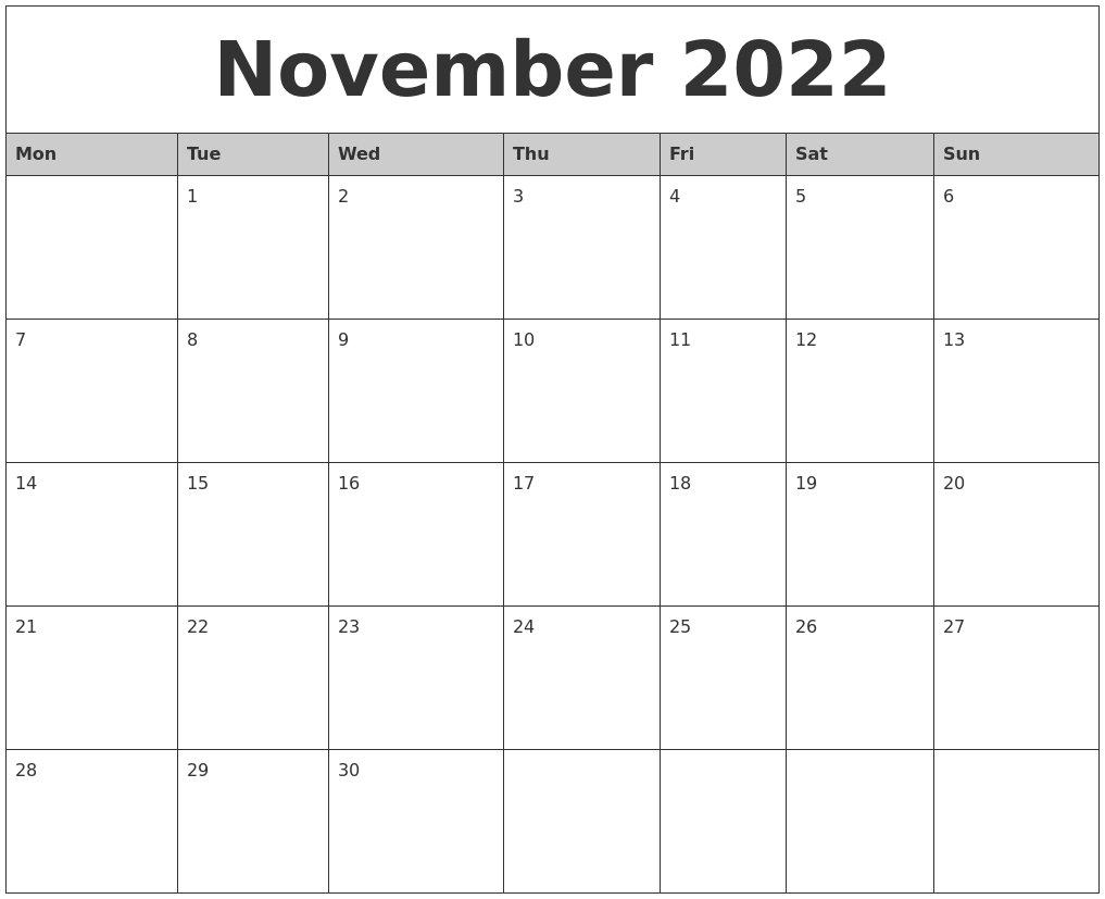 Free Printable Calendar Nov 2022