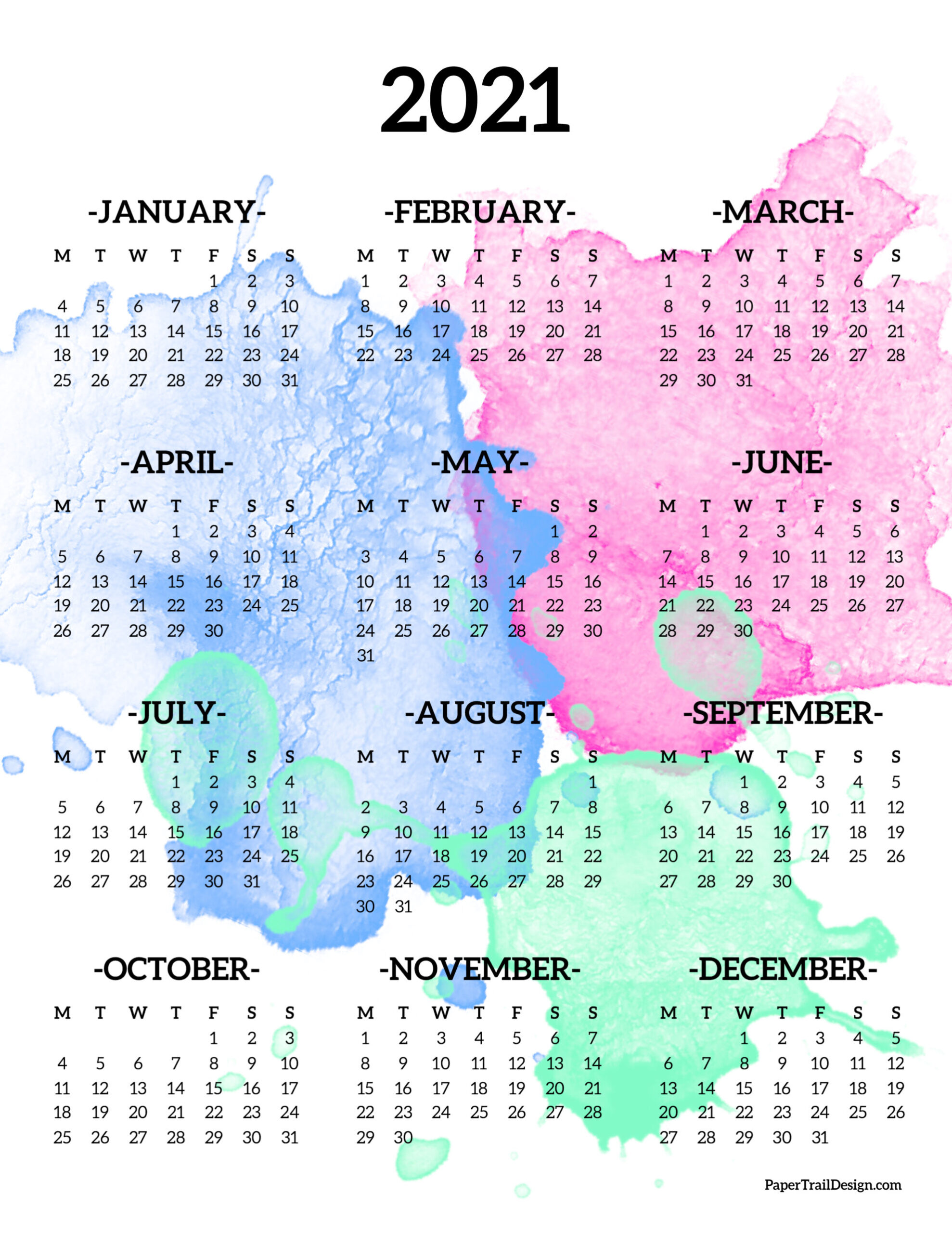 2021 Calendar Printable Monday Start
