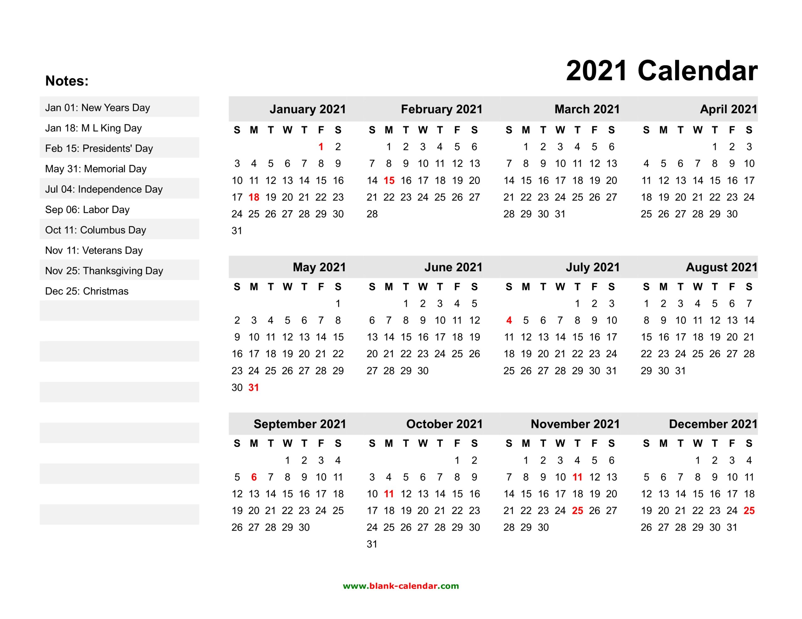 Year 2021 Calendar 2022 Printable With Holidays