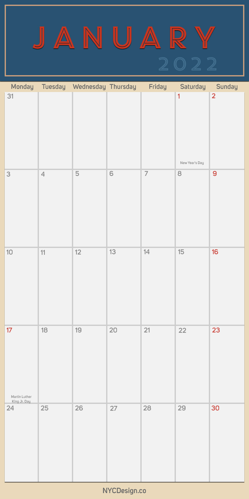 Printable January 2022 Calendar With Holidays