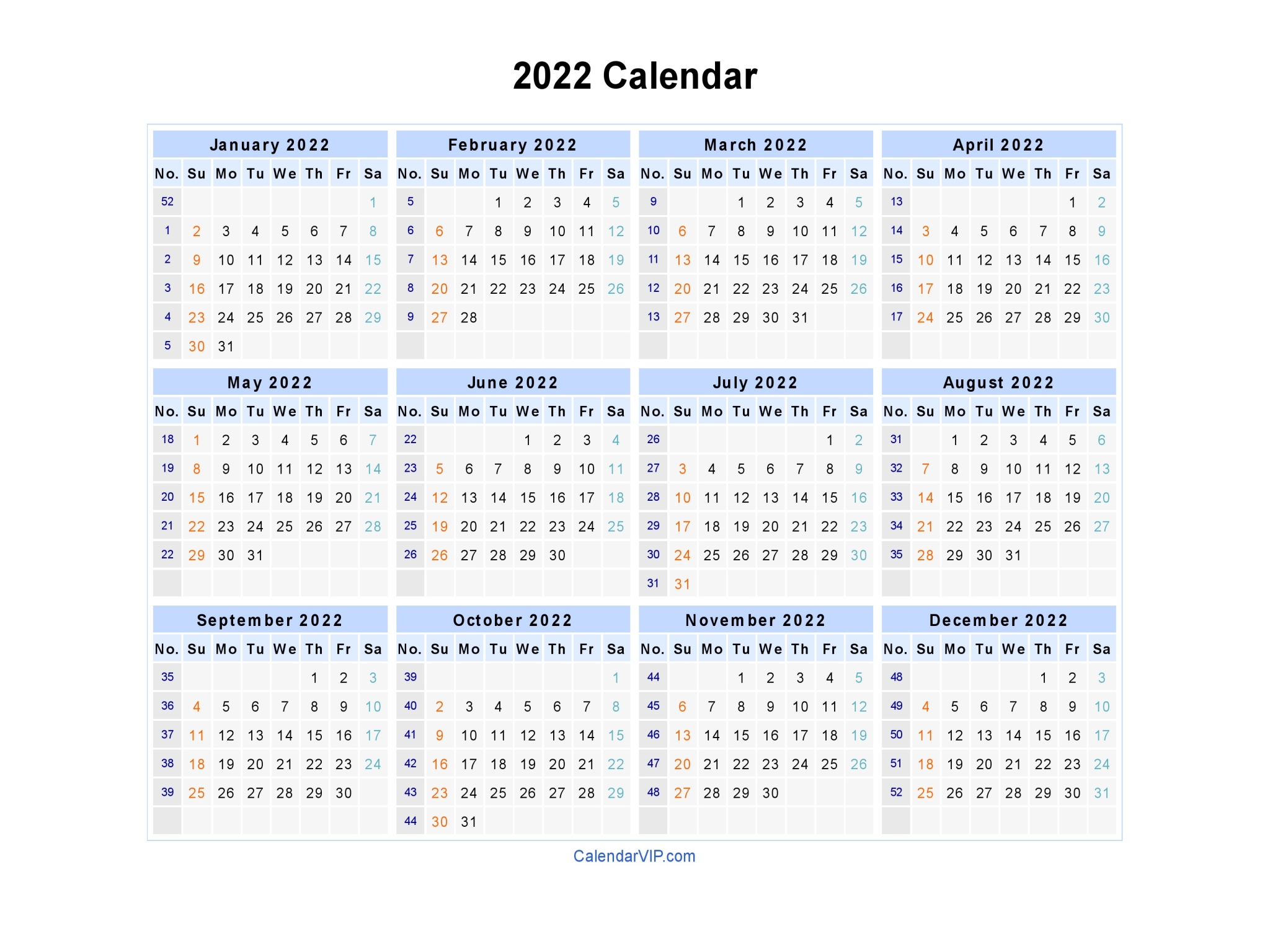 One Year Calendar Printable 2022