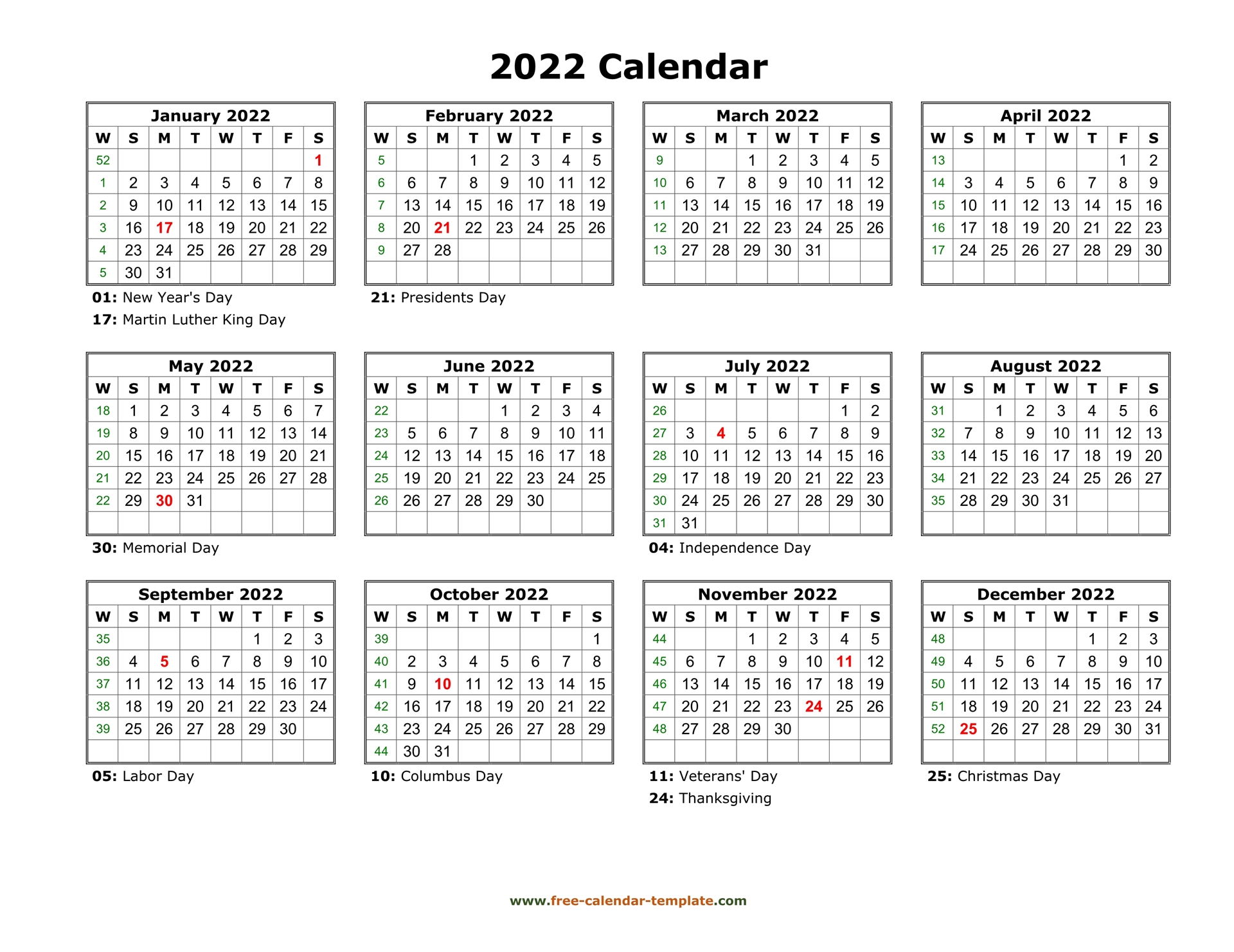 Calendar 2022 Free Printable