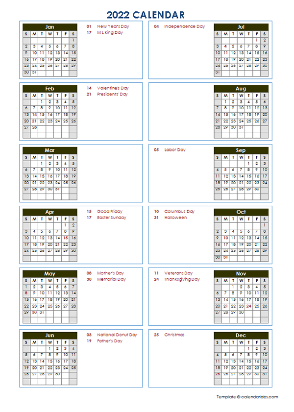 Free Printable Yearly Calendar Templates 2022