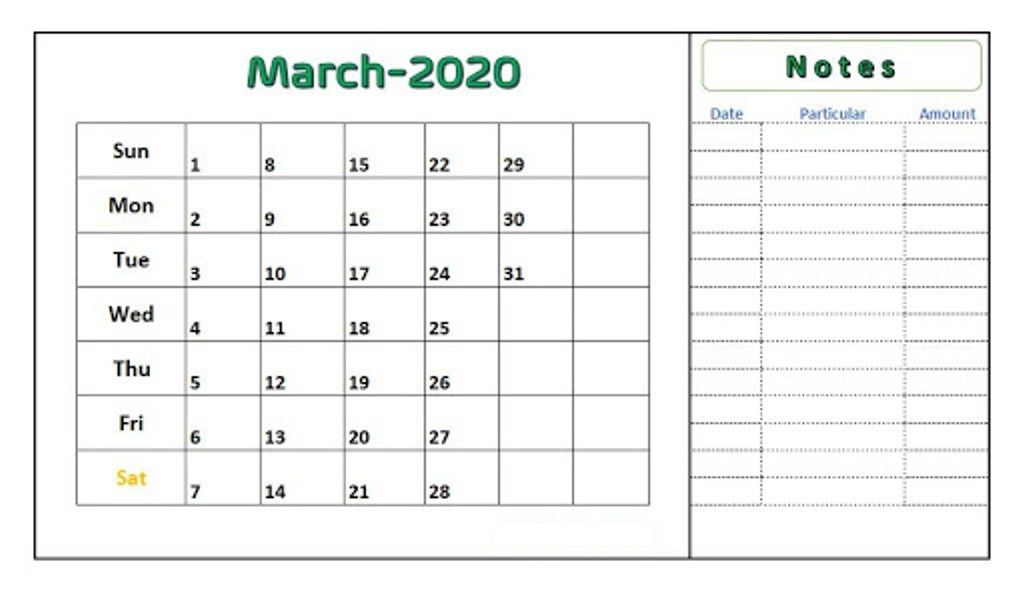 Editable March 2020 Calendar