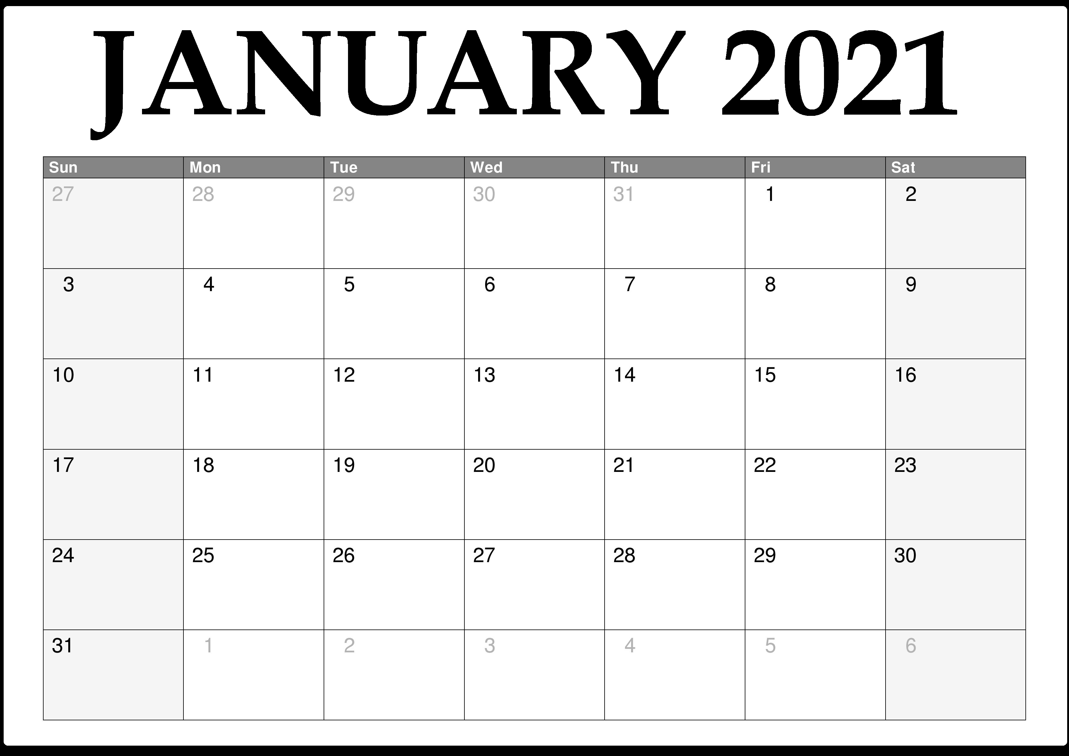 Printable January 2021 Calendar With Holidays