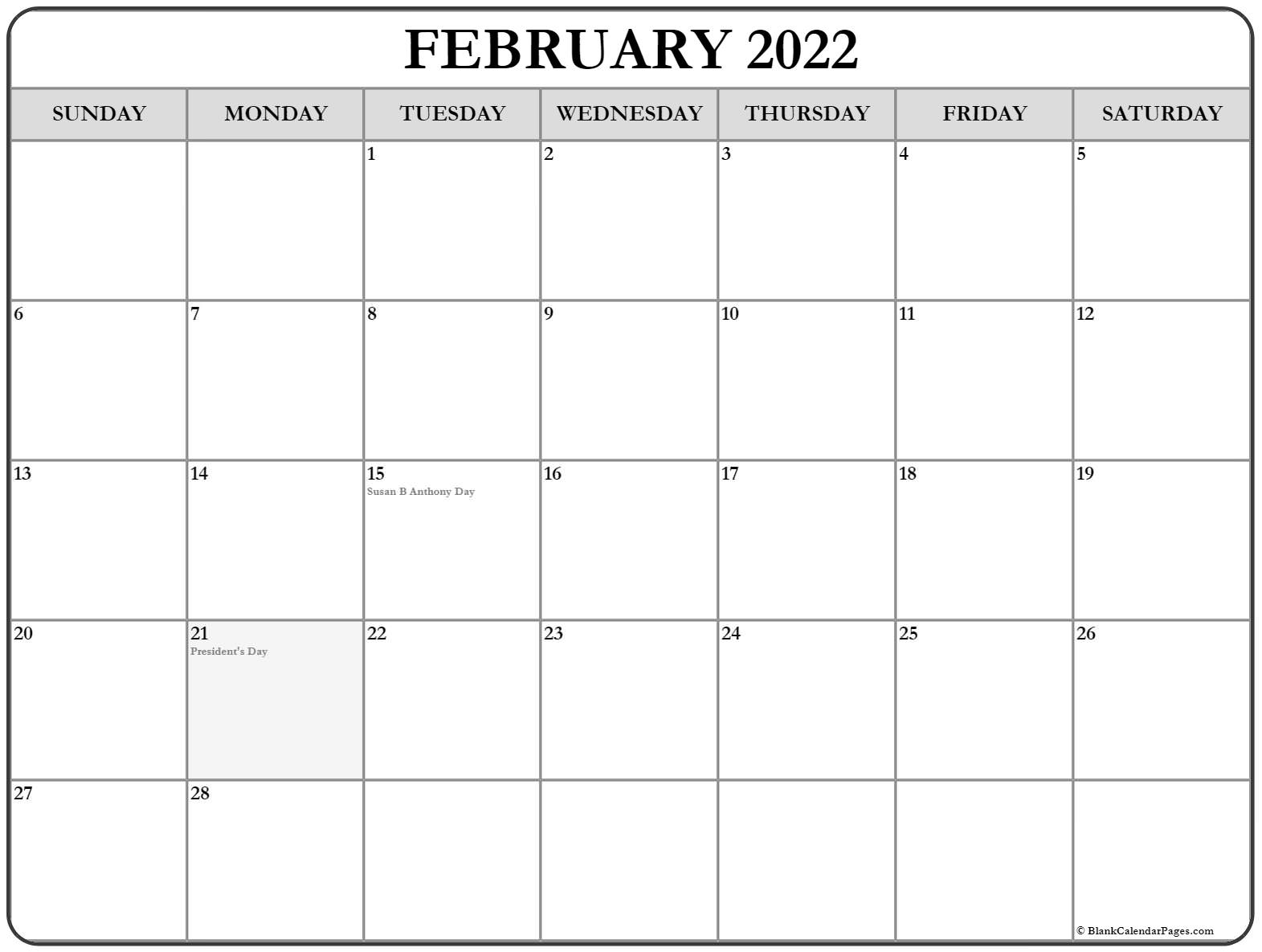 Feb Calendar 2022 Printable