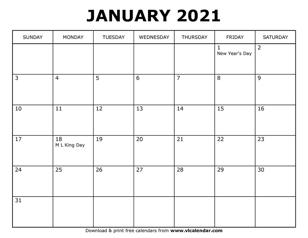 January Calendar 2021 Printable