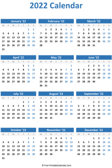 2022 Yearly Calendar Printable Free