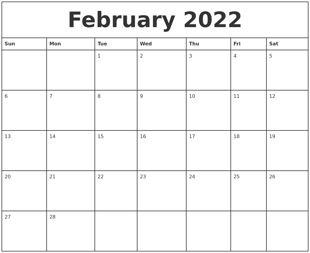2022 February Printable Calendar