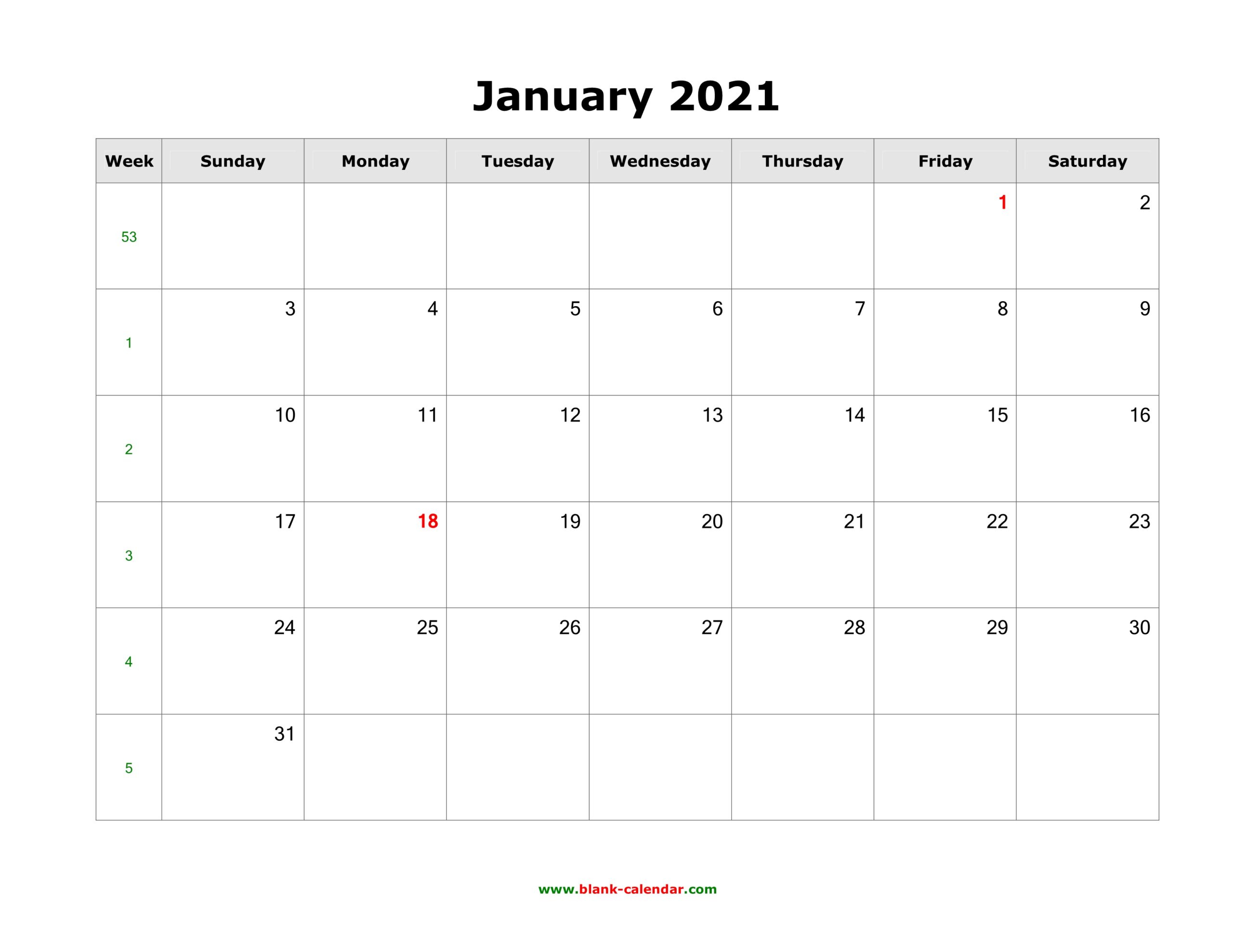 Printable Calendar January 2021 Landscape