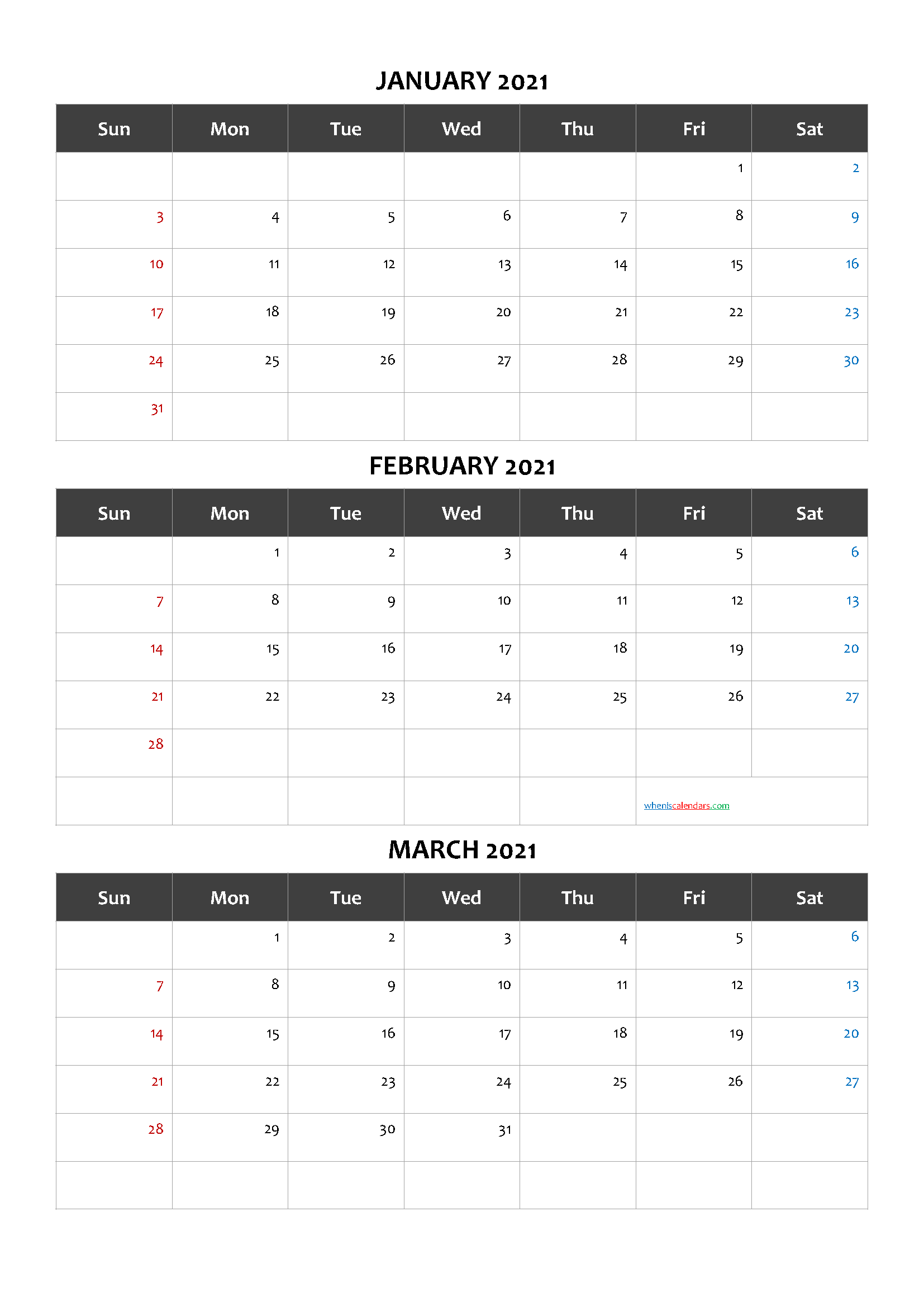 December 2021 January 2021 February 2021 Calendar Printable