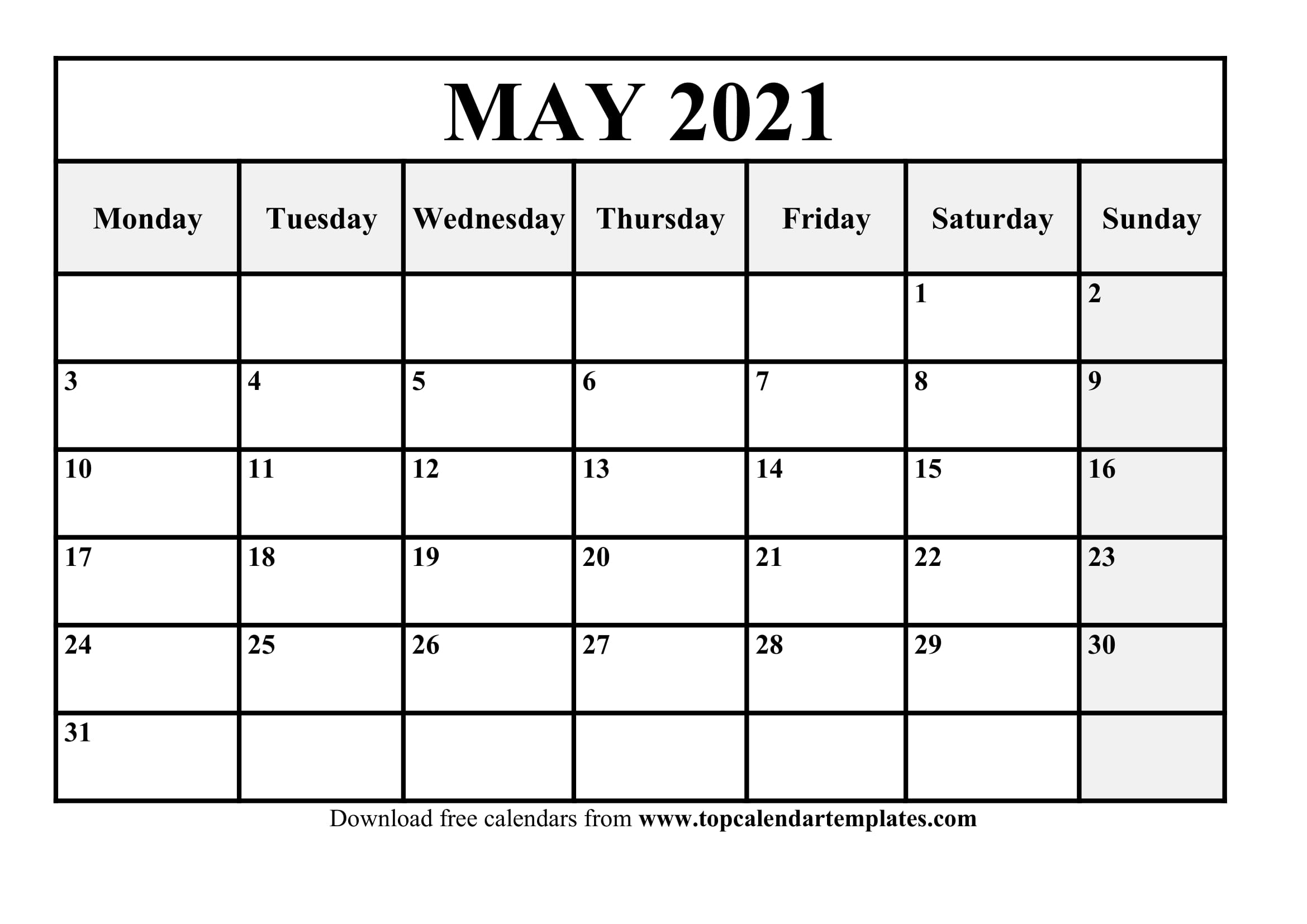 Blank Calendar Template 2021 Printable