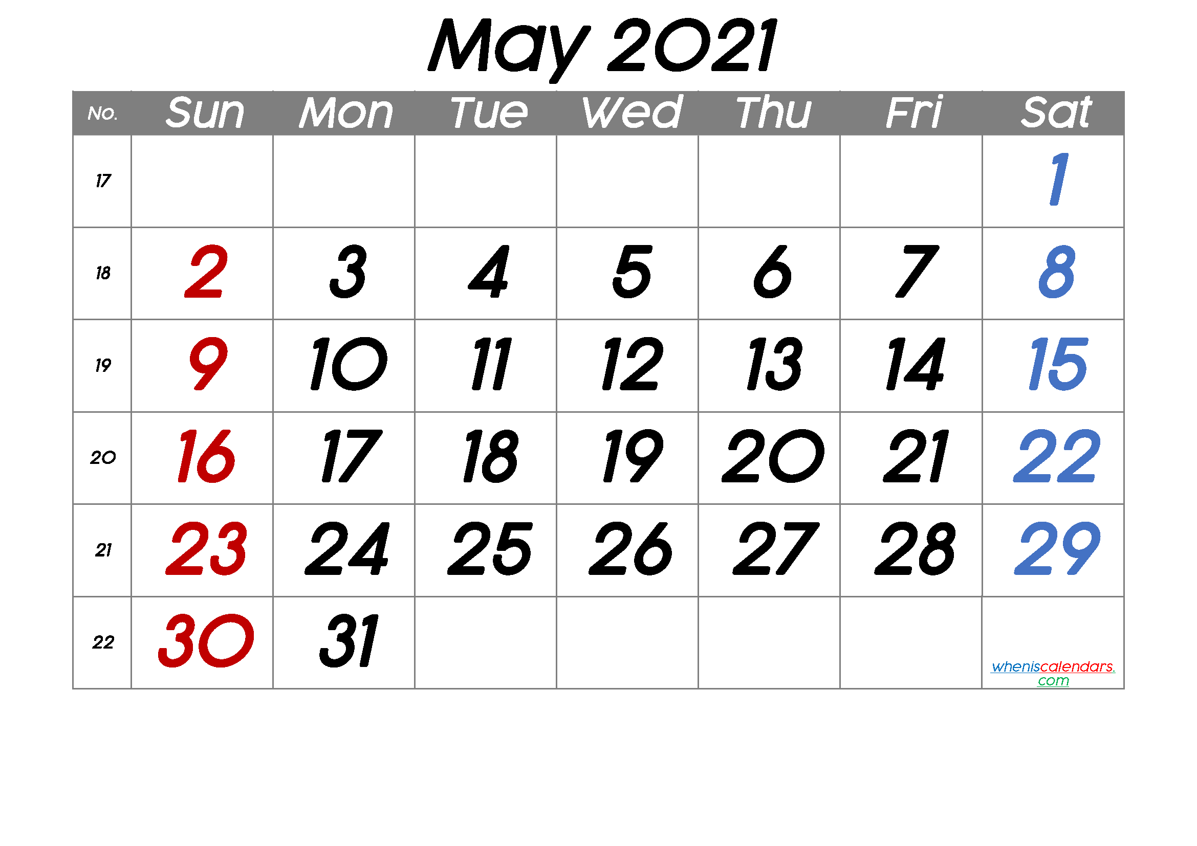 Printable Calendar 2021 May
