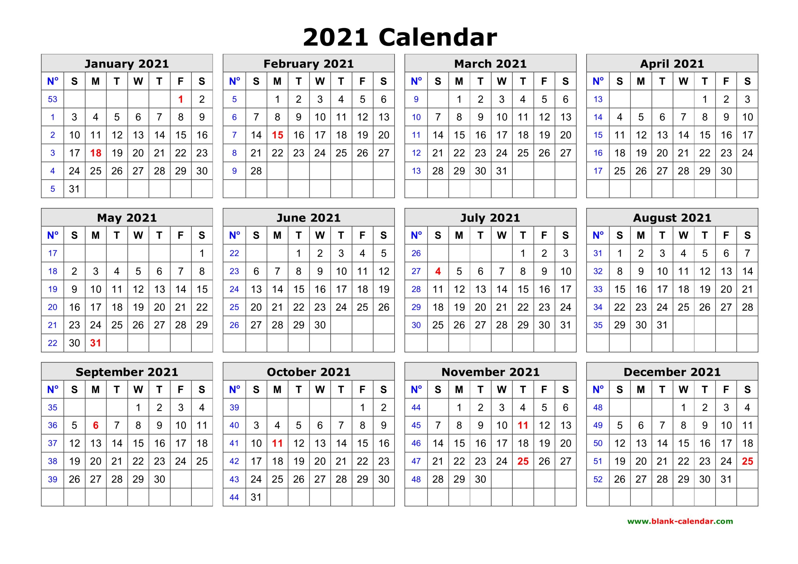 Printable Annual Calendar 2021
