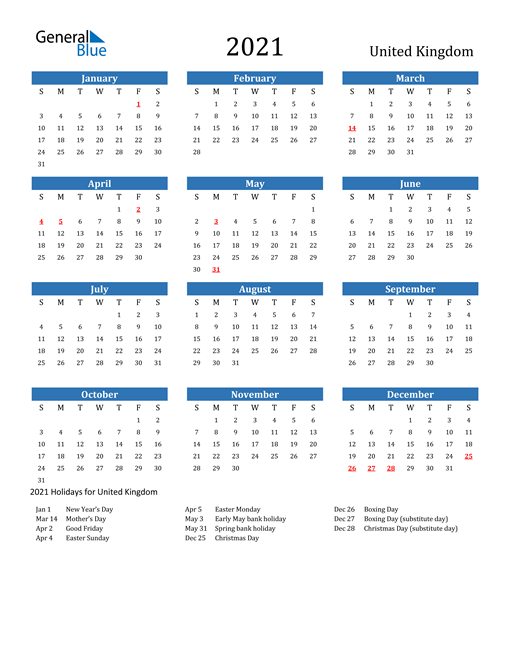 2021 Calendar Uk Printable Monthly