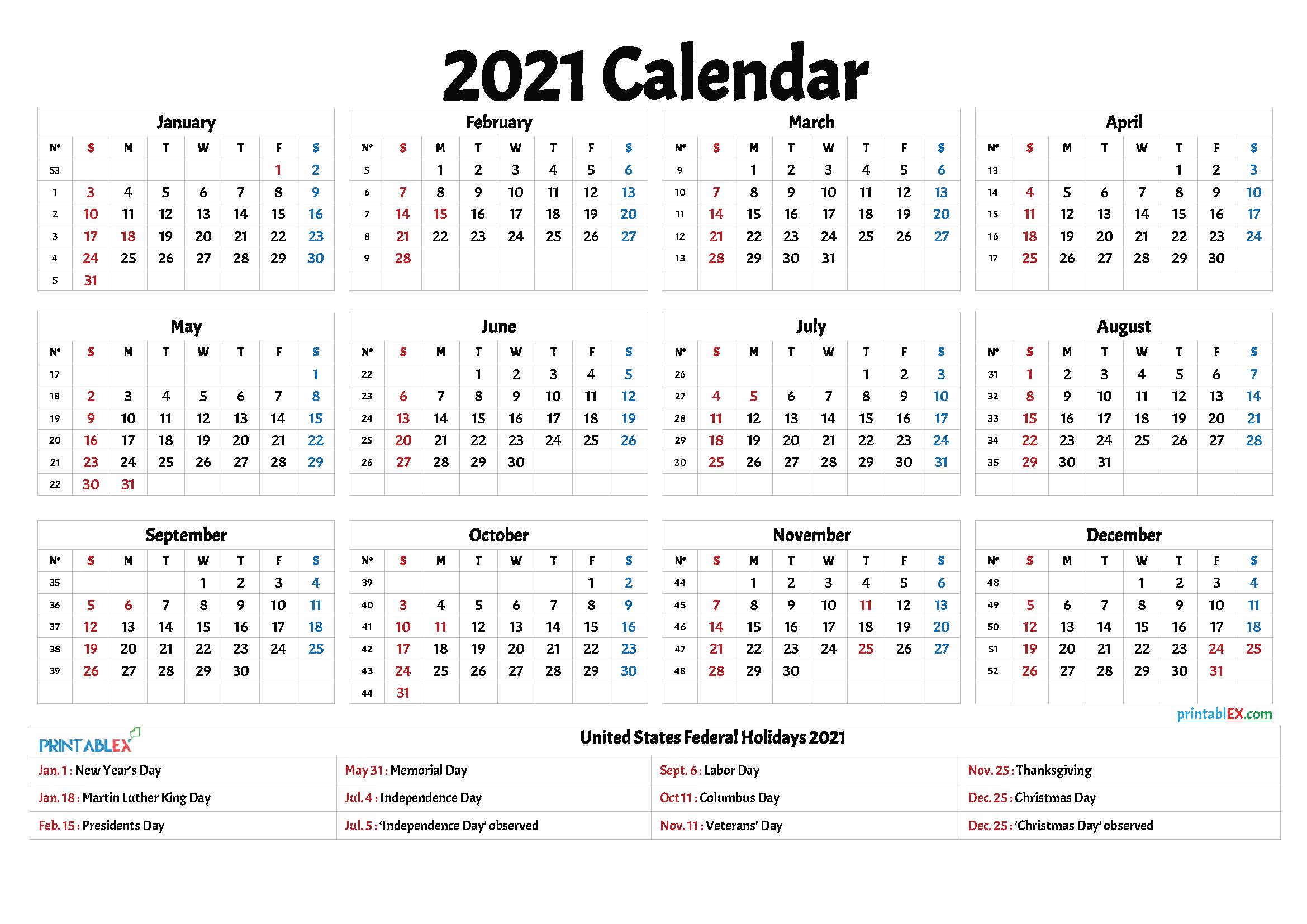 Printable Free 2021 Calendar