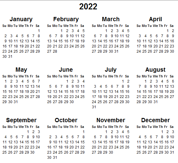 Printable 2022 Calendar Free