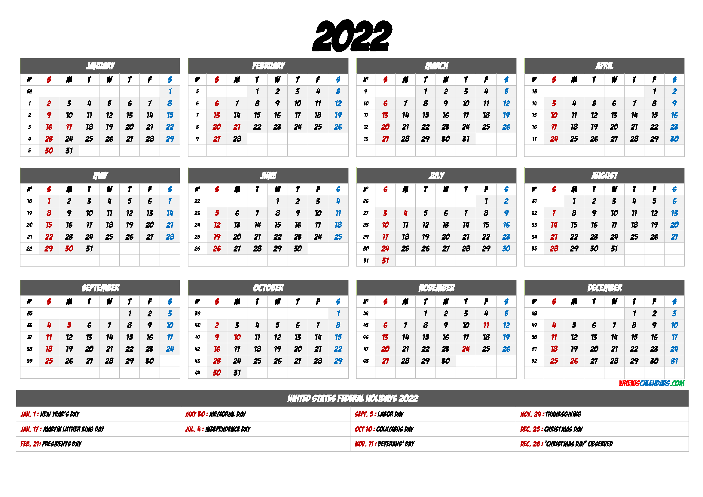 Printable A4 Calendar 2022