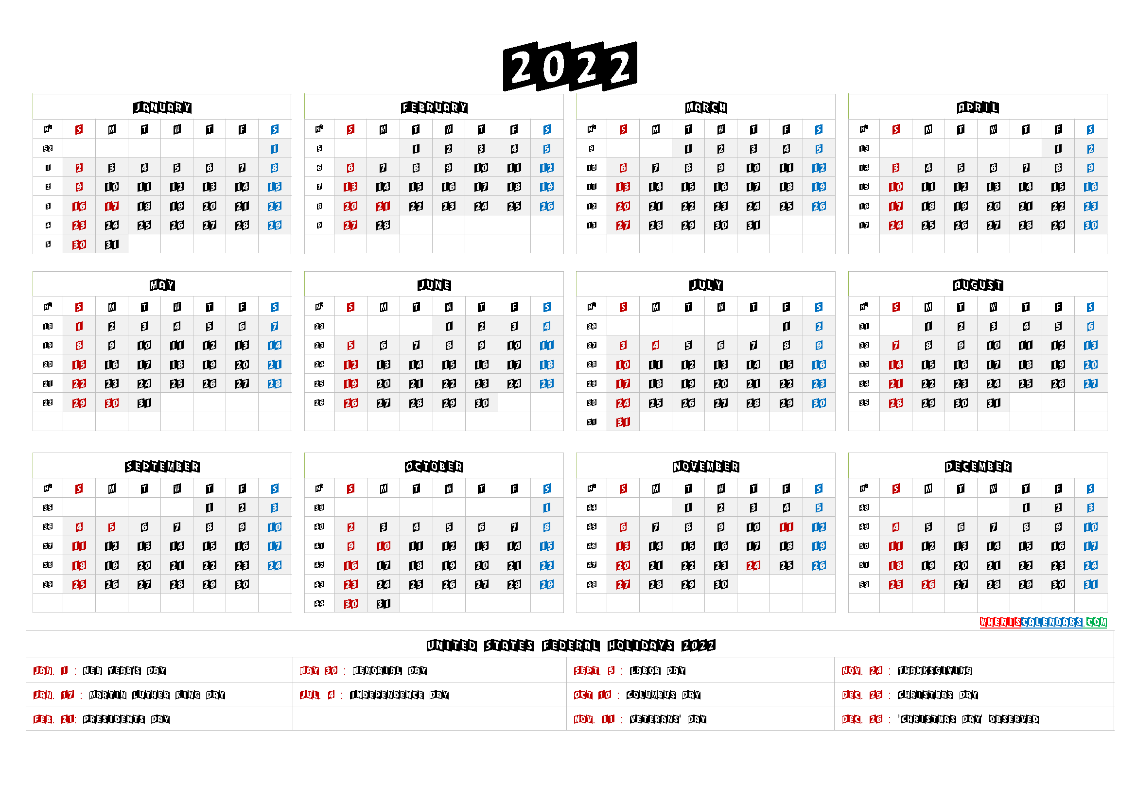 Microsoft Word Printable Calendar 2022