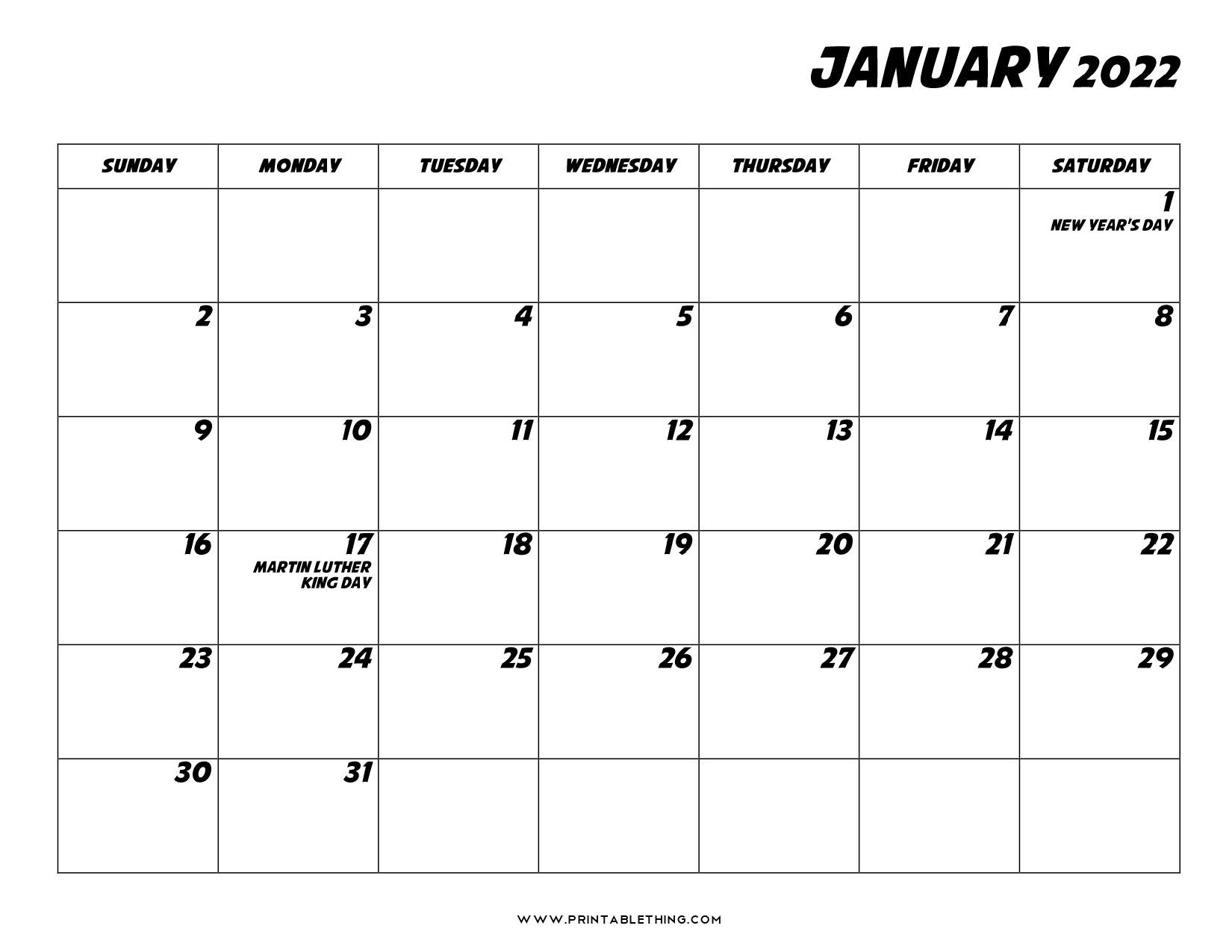 Printable January 2022 Calendar