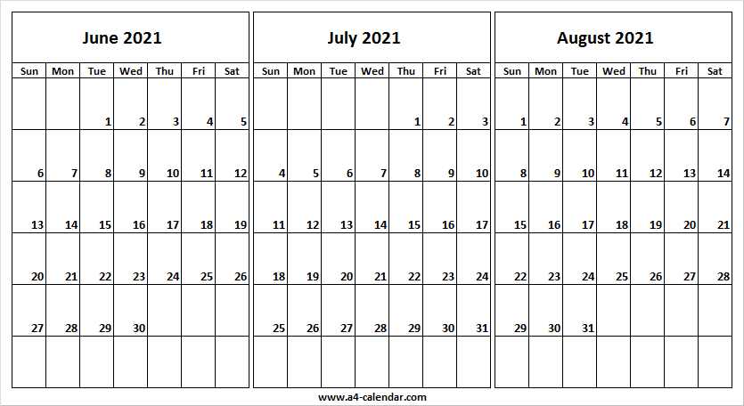June July August 2021 Calendar Printable