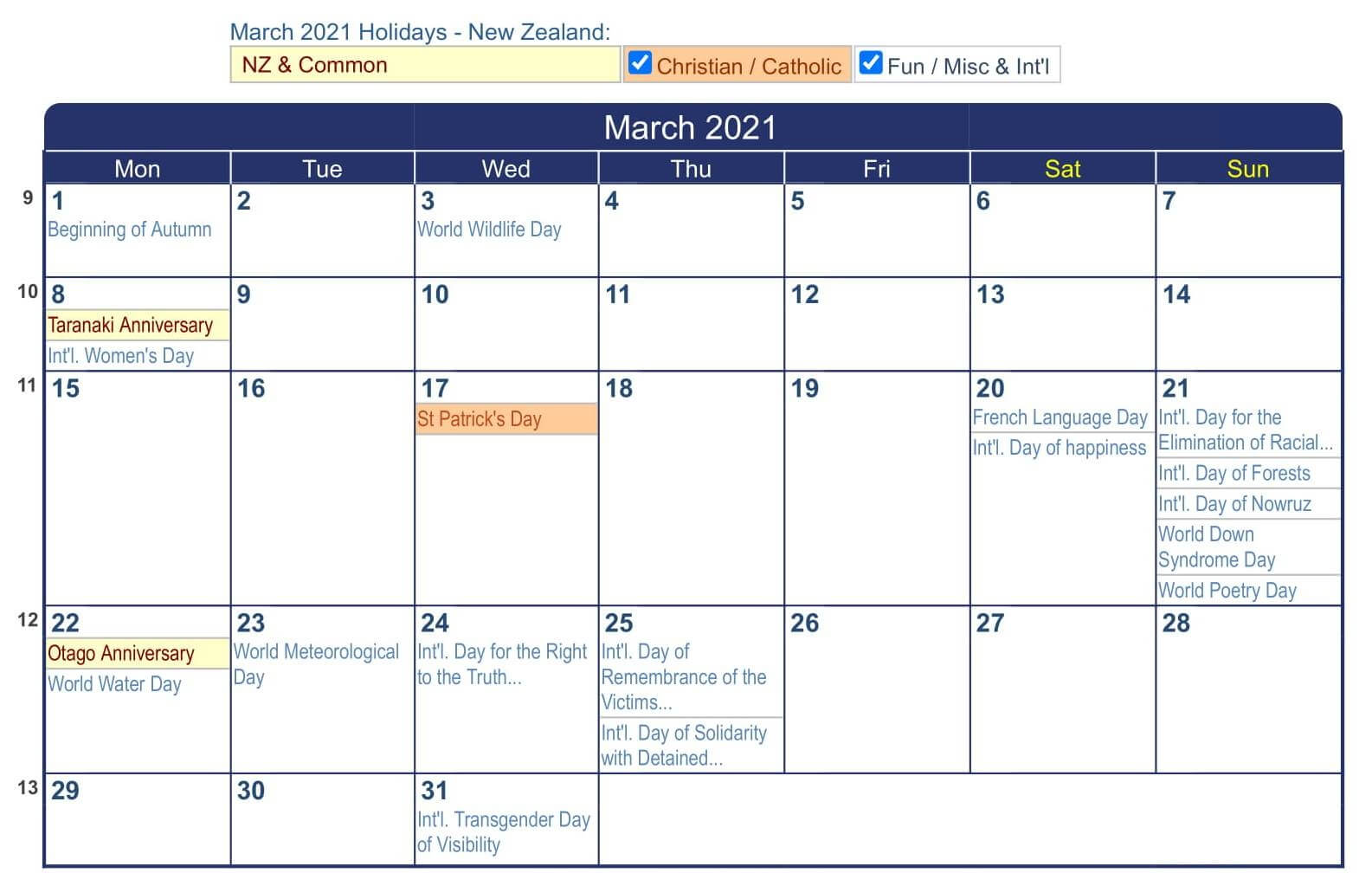 Calendar March 2021 With Holidays
