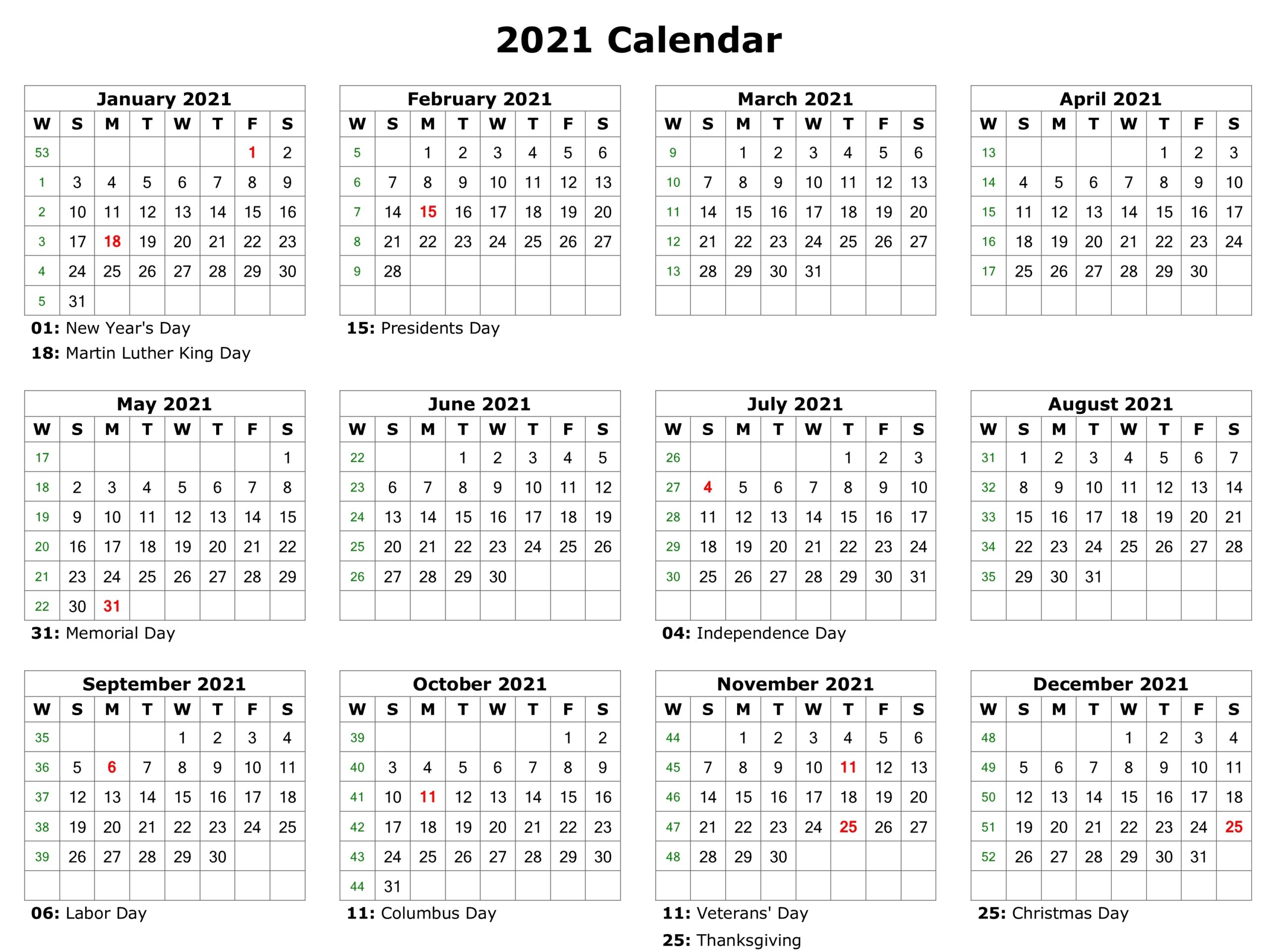 2021 Year Calendar Printable With Holidays