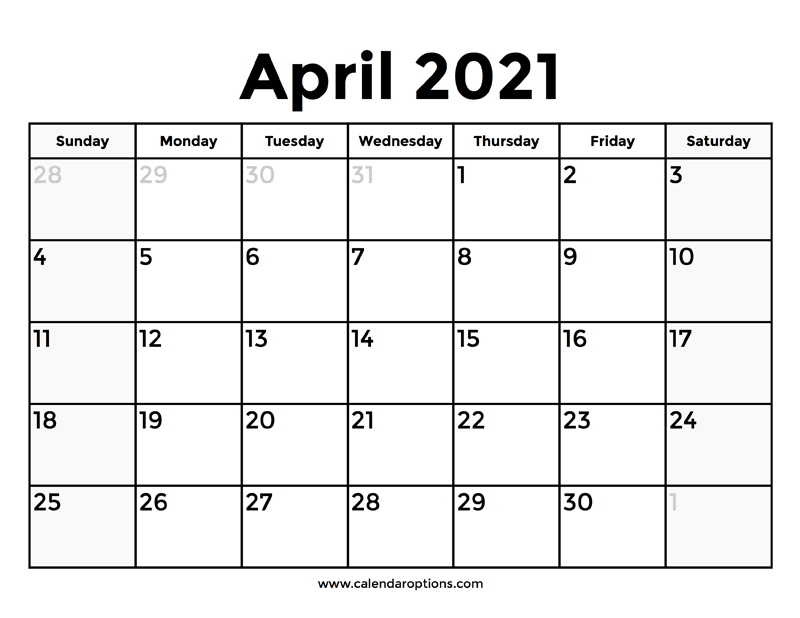 April 2021 Calendar With Holidays
