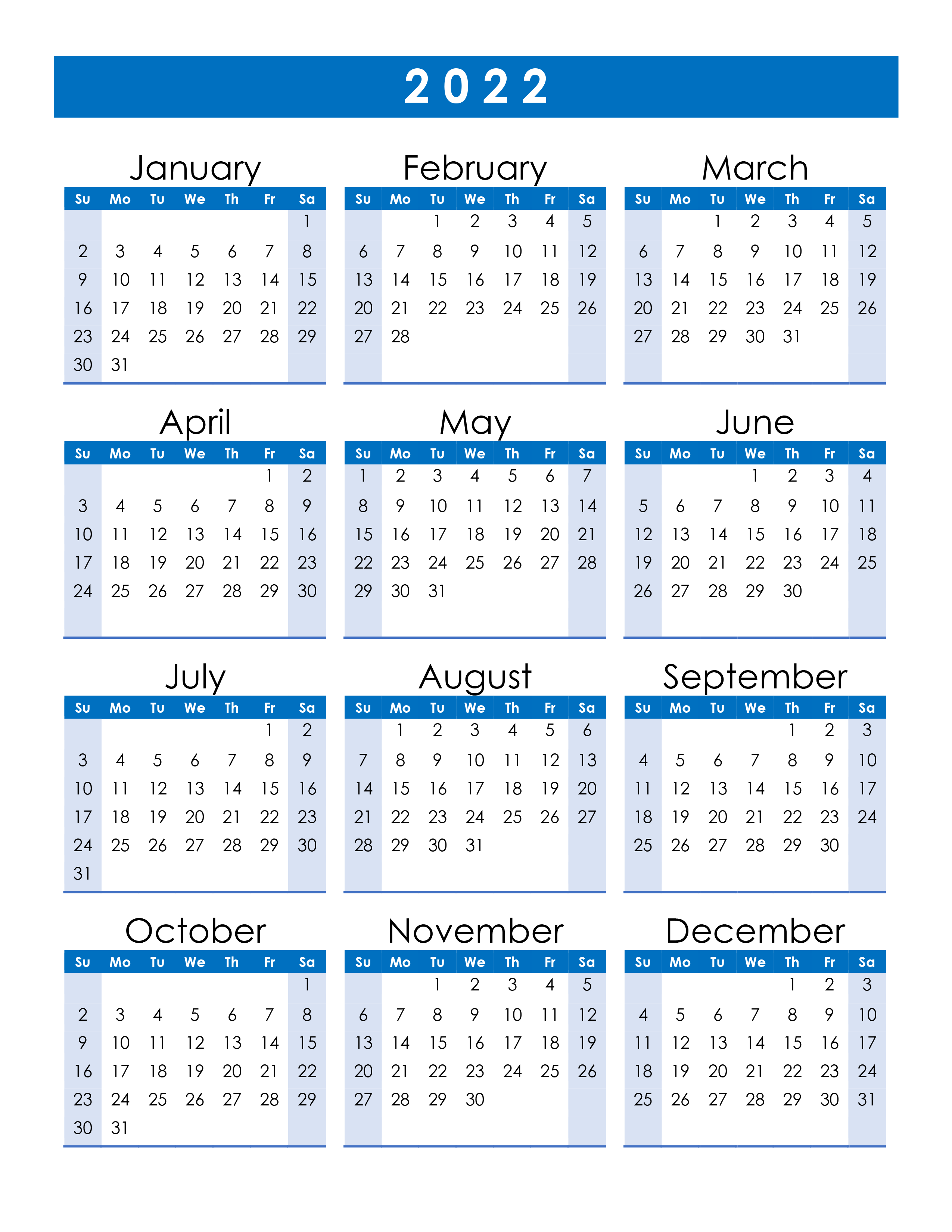 Yearly 2022 Calendar Printable Free