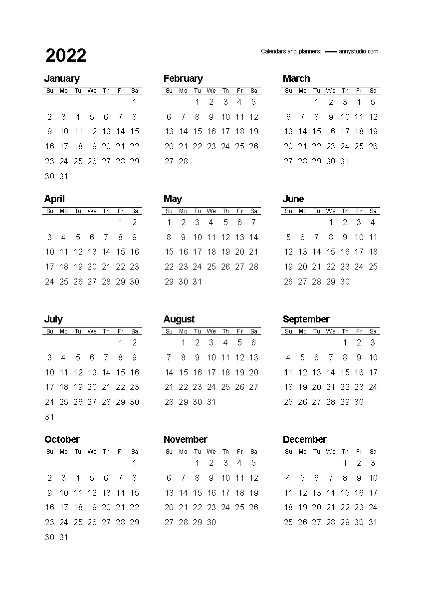 Free Printable Year At A Glance Calendar 2022