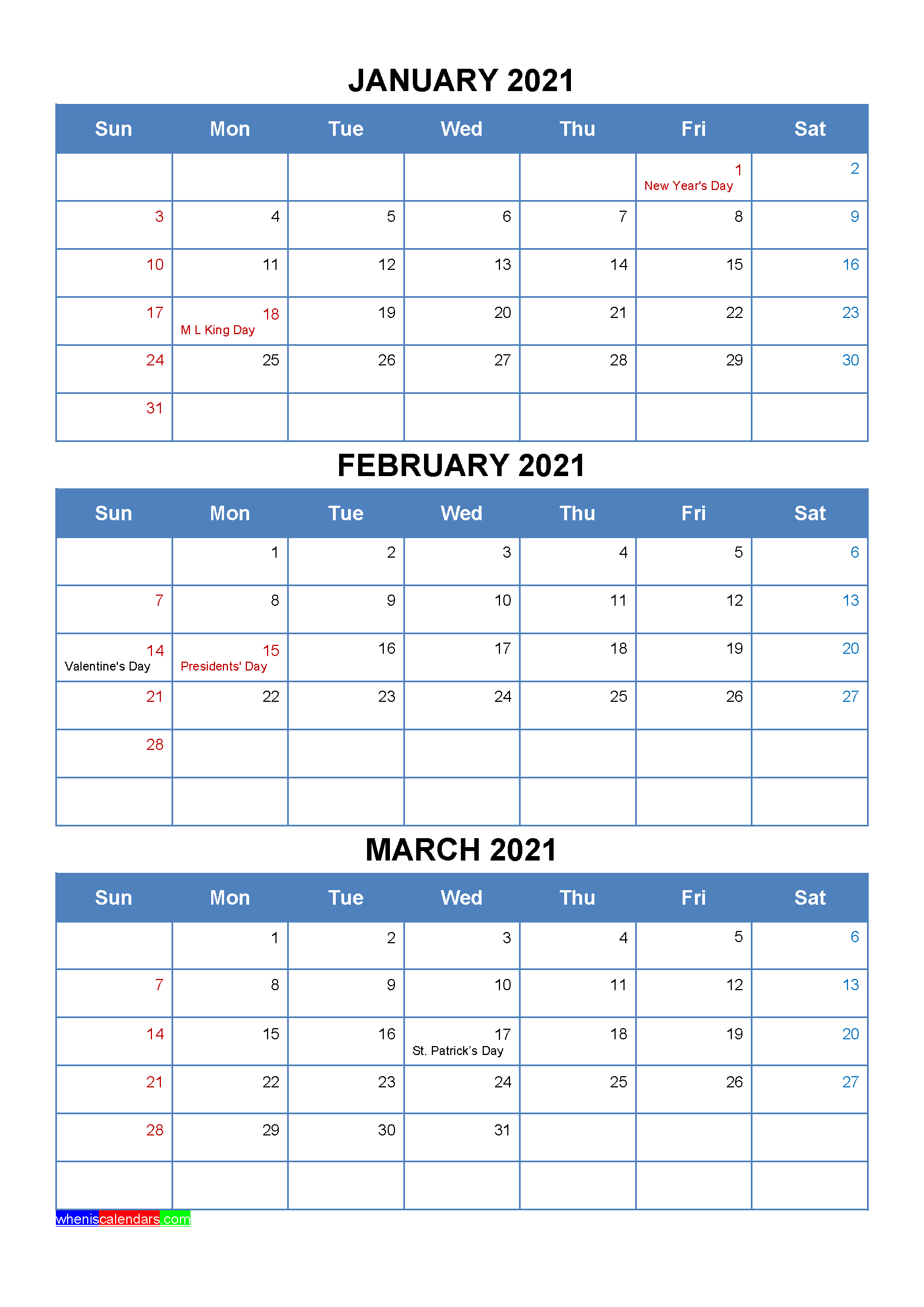 January February March 2021 Printable Calendar