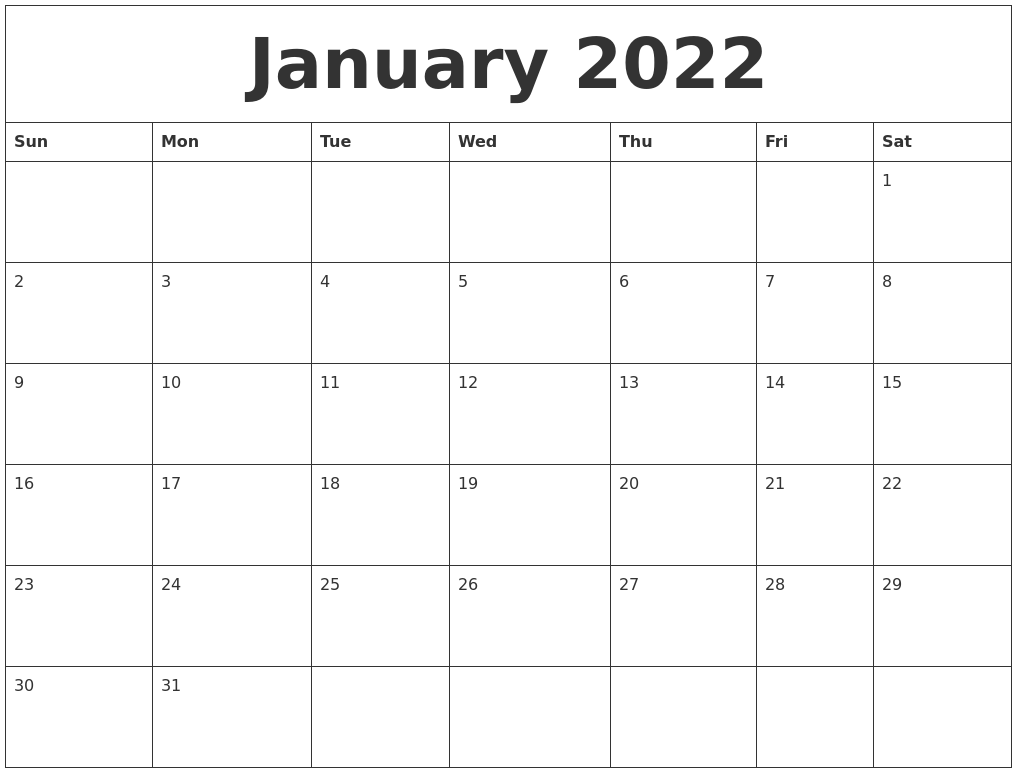 Free Printable Calendar January 2022