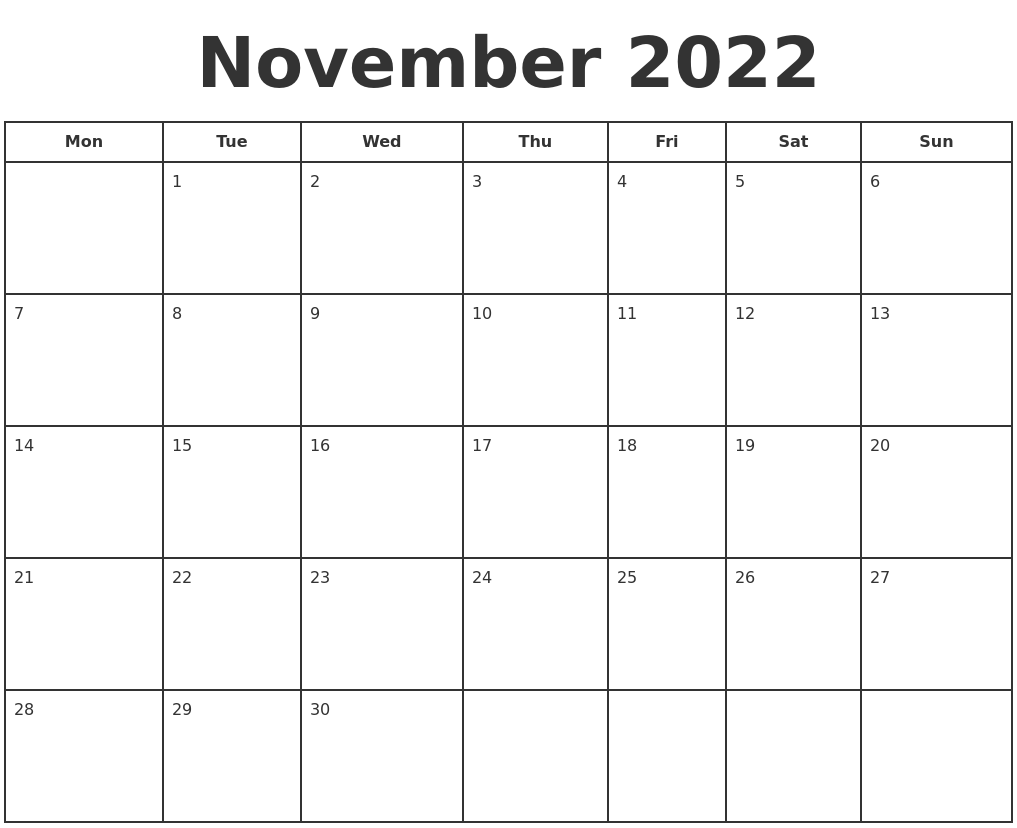 Calendar November 2022 Printable