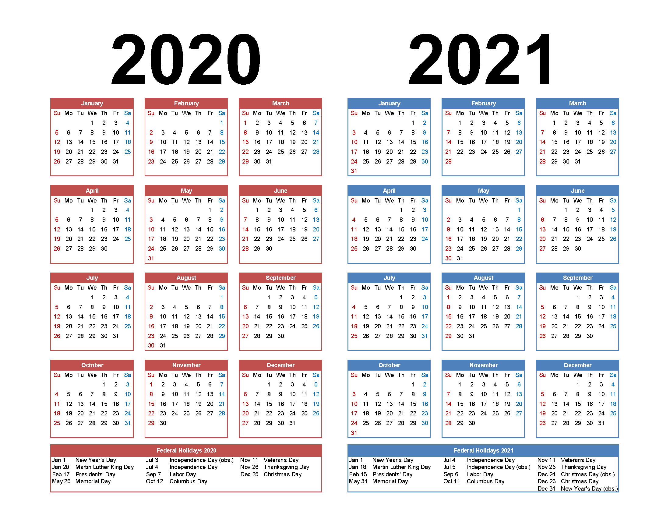 Free Printable 2020 And 2021 Calendar With Holidays