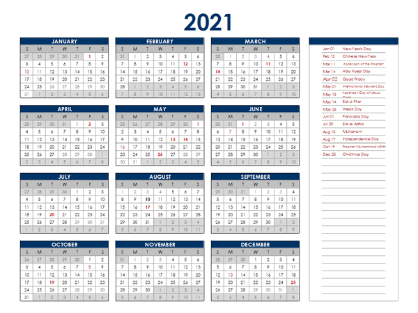 2021 Calendar Excel With Holidays